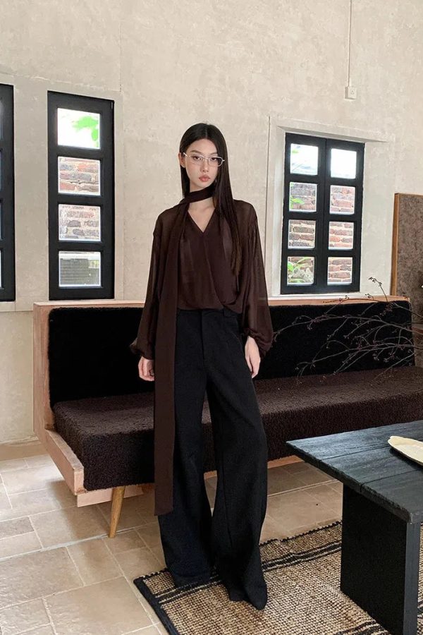 Neck Tie Sheer Mesh Blouse