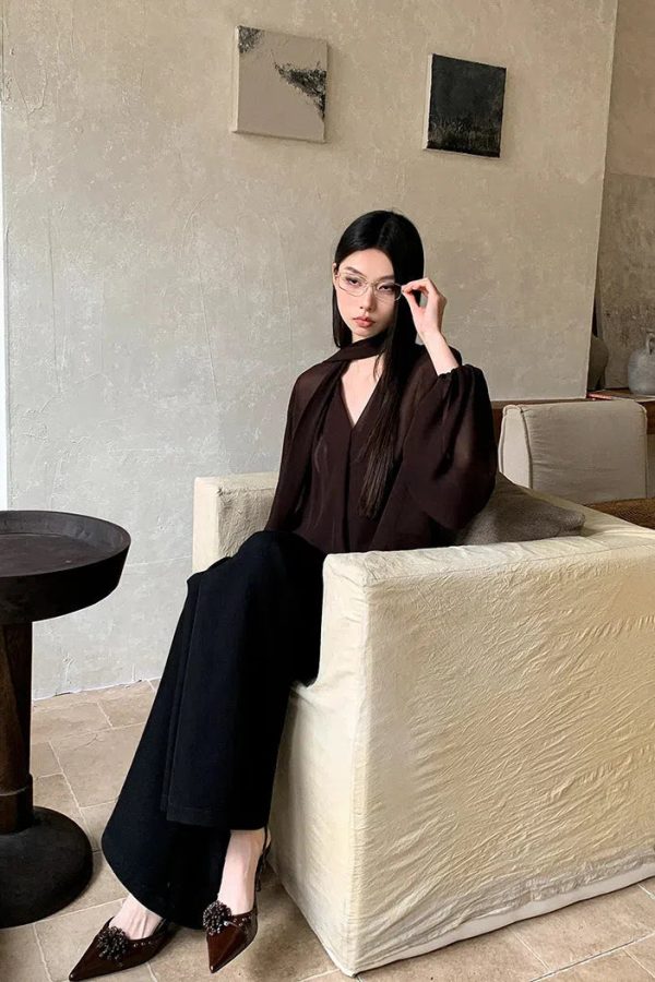 Neck Tie Sheer Mesh Blouse