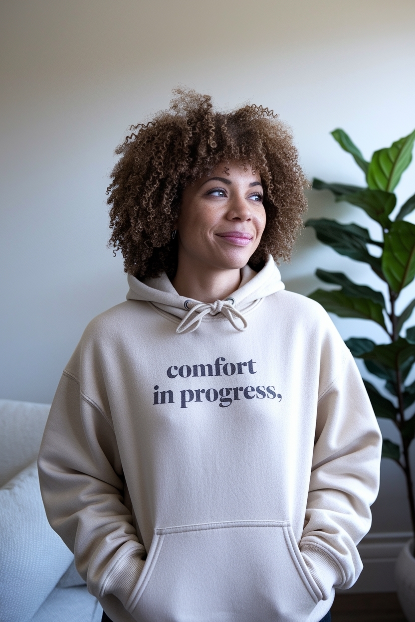 Oatmeal Hoodie Reading Comfort in Progress: Fashion outfit idea