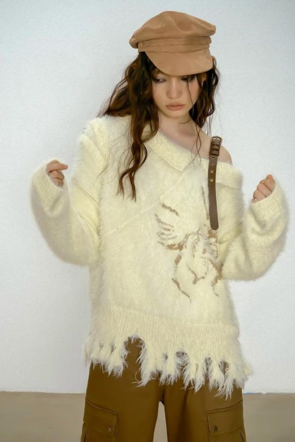 Off Shoulder Distressed Knit Sweater