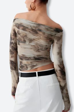 Off Shoulder Ruched Mesh Top
