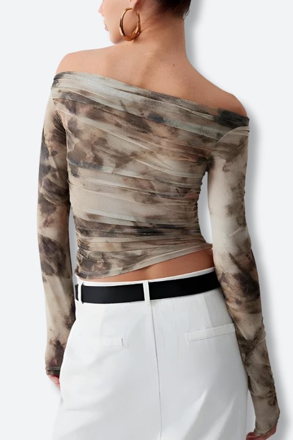 Off Shoulder Ruched Mesh Top