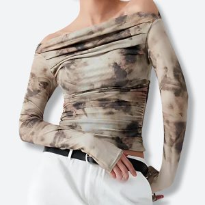 Off Shoulder Ruched Mesh Top