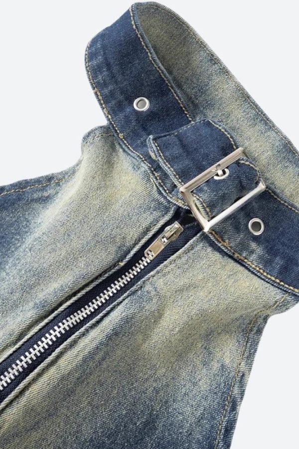 Open Front Zip-Up Denim Top