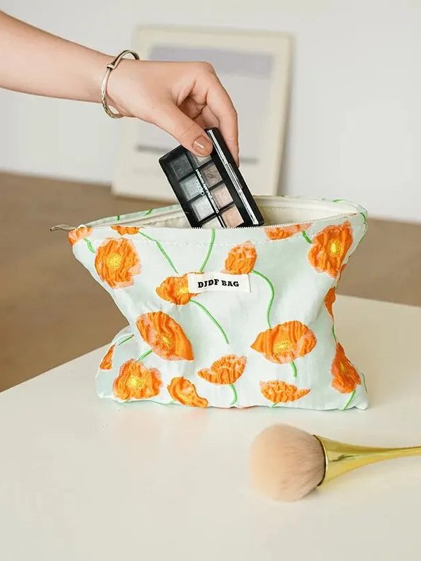 Orange Flowers Makeup Bag