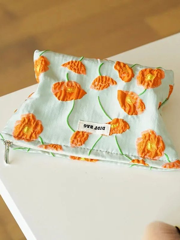 Orange Flowers Makeup Bag