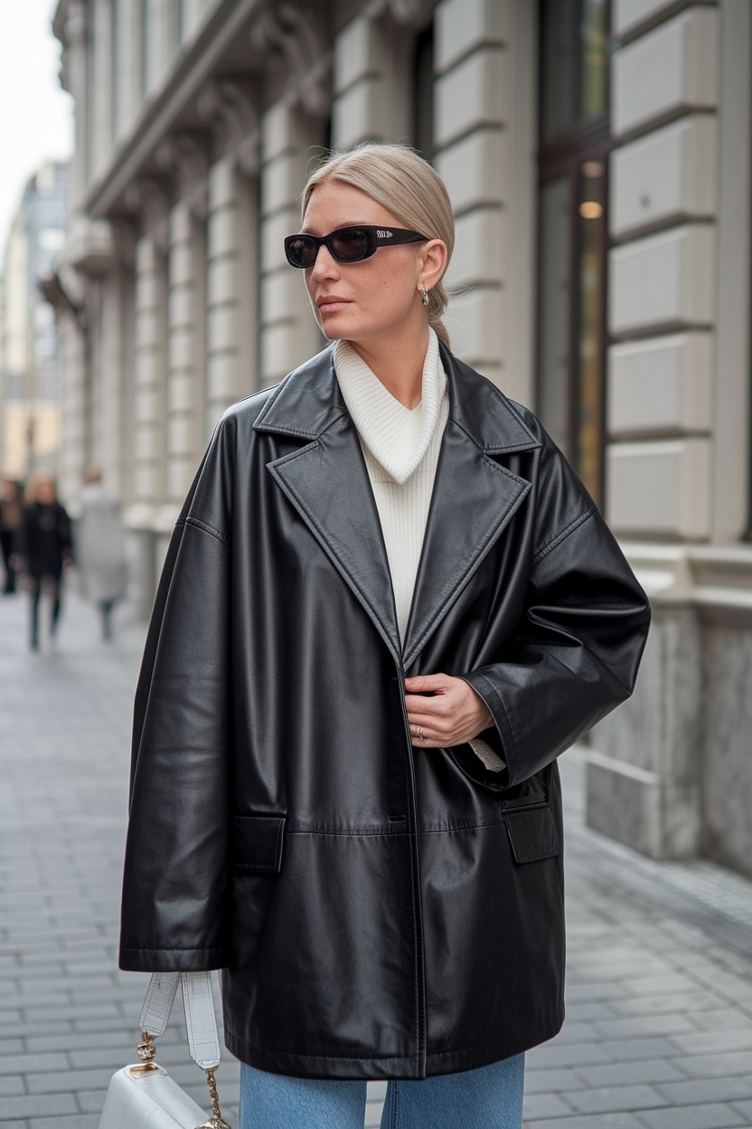 Chic Oversized Black Leather Jacket Outfit for Effortless Style outfit idea