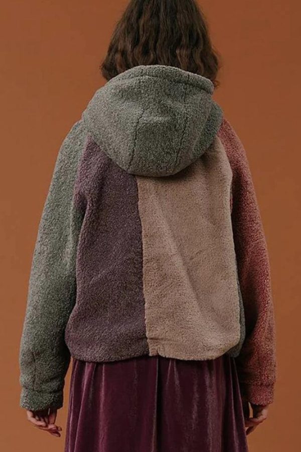 Patchwork Fluffy Hoodie Jacket
