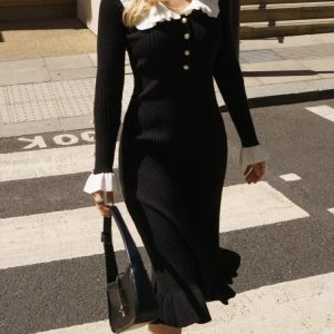 Peter Pan Collar Ribbed Midi Dress