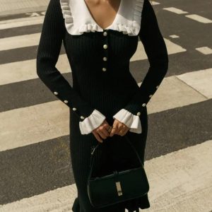 Peter Pan Collar Ribbed Midi Dress