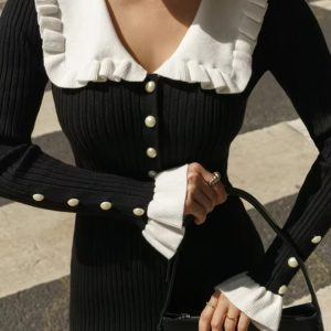 Peter Pan Collar Ribbed Midi Dress