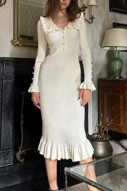 Peter Pan Collar Ribbed Midi Dress