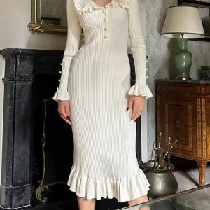 Peter Pan Collar Ribbed Midi Dress