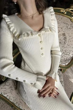 Peter Pan Collar Ribbed Midi Dress