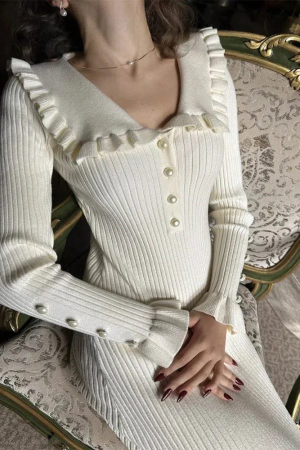 Peter Pan Collar Ribbed Midi Dress