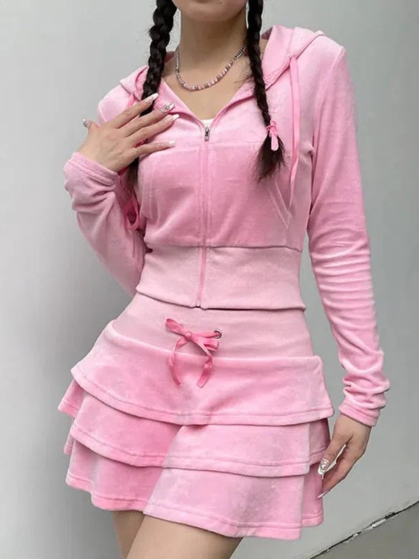 Pink Aesthetic Skirt & Hoodie Two Piece Set
