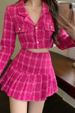 Pink Crop Jacket & Mini Skirt Two Piece Set