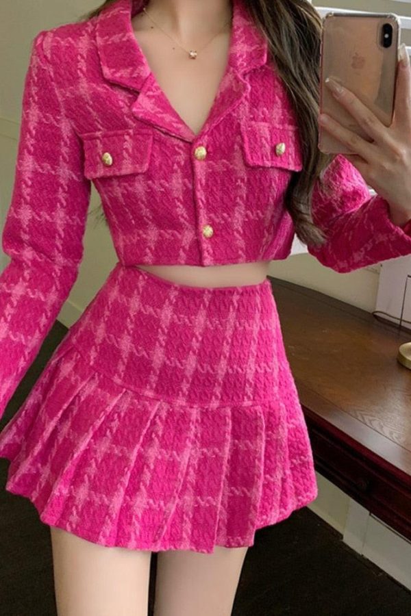 Pink Crop Jacket & Mini Skirt Two Piece Set