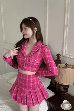 Pink Crop Jacket & Mini Skirt Two Piece Set