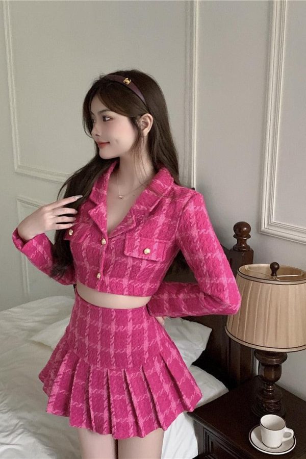 Pink Crop Jacket & Mini Skirt Two Piece Set