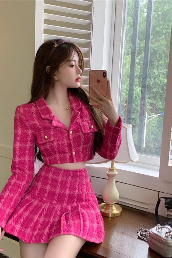 Pink Crop Jacket & Mini Skirt Two Piece Set