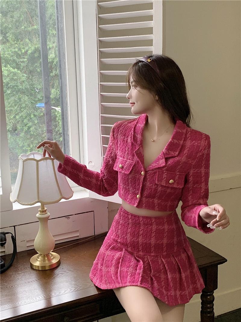 Pink Crop Jacket & Mini Skirt Two Piece Set
