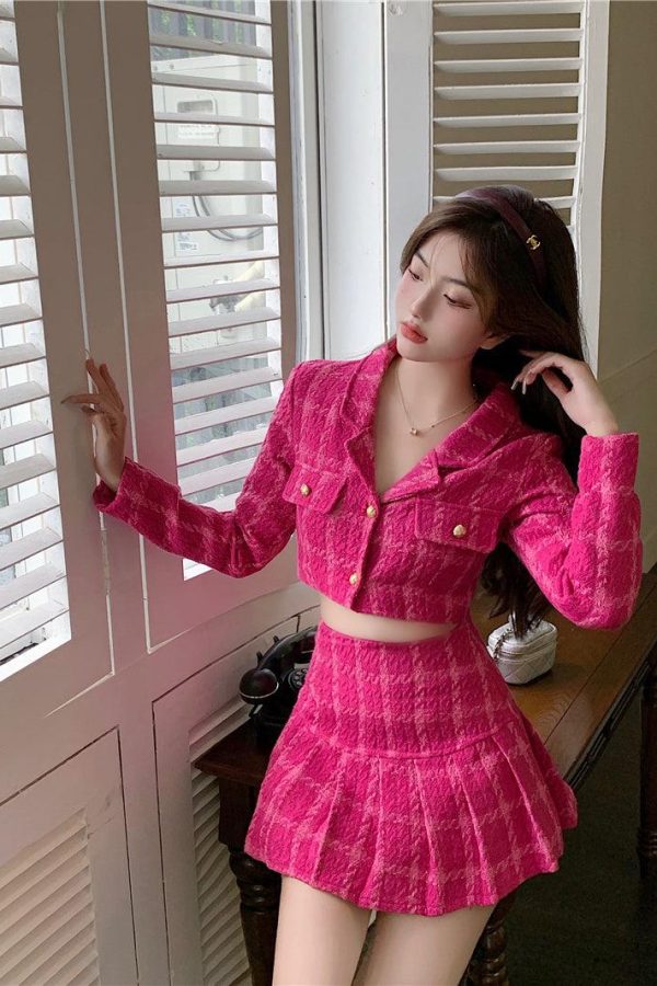 Pink Crop Jacket & Mini Skirt Two Piece Set