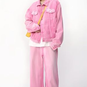 Pink Denim Jacket & Pants Two Piece Set