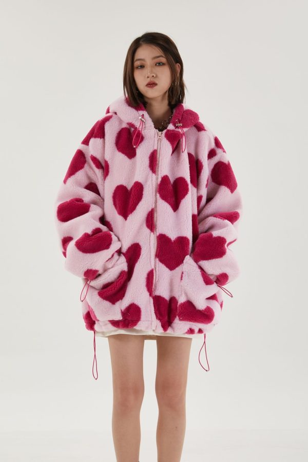 Pink Heart Pattern Hooded Jacket