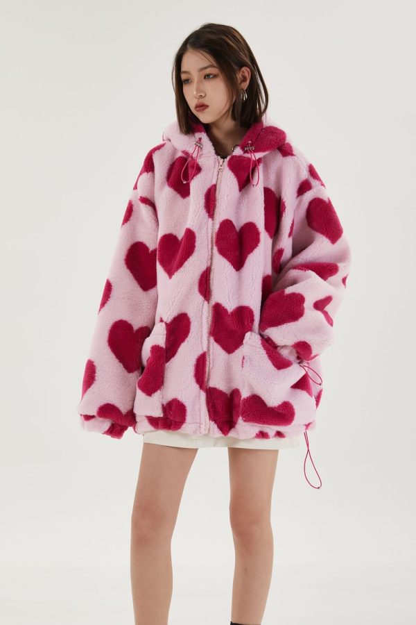 Pink Heart Pattern Hooded Jacket