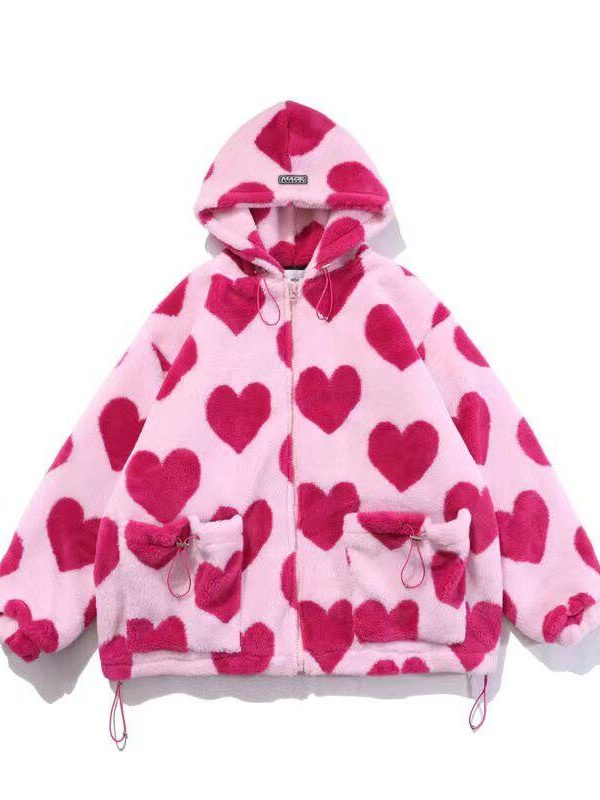 Pink Heart Pattern Hooded Jacket