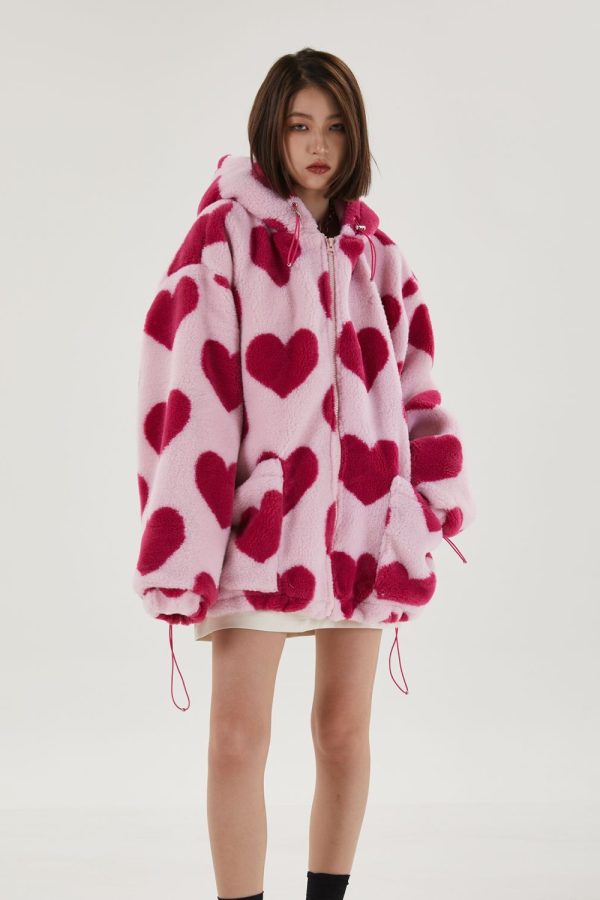 Pink Heart Pattern Hooded Jacket