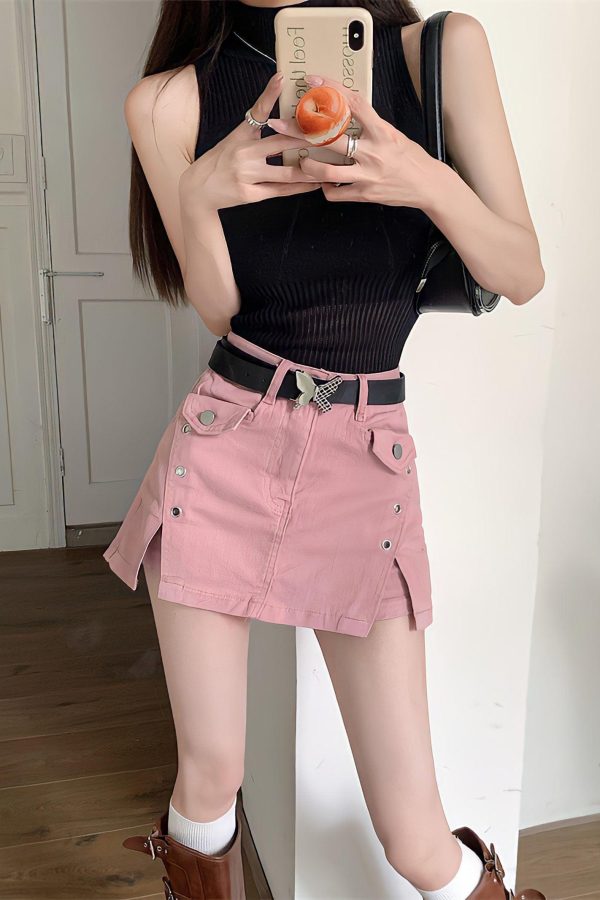 Pink Side Slit Denim Mini Skort