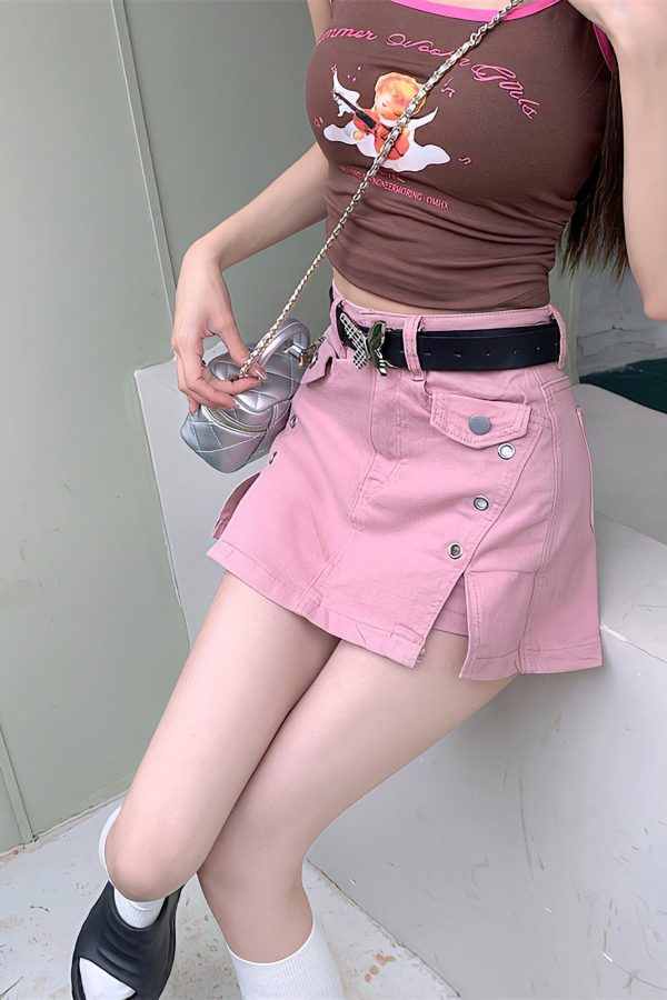 Pink Side Slit Denim Mini Skort
