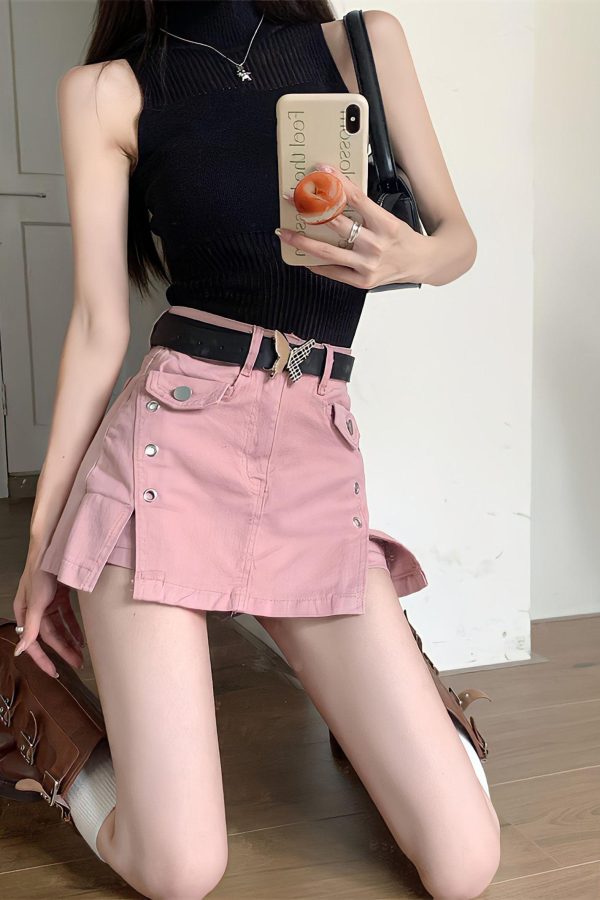 Pink Side Slit Denim Mini Skort