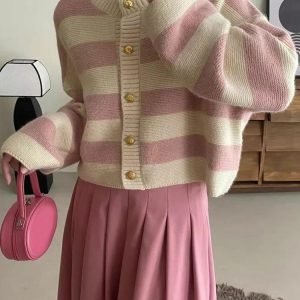 Pink Striped Knit Cardigan