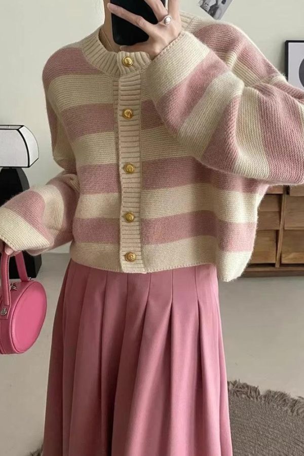 Pink Striped Knit Cardigan