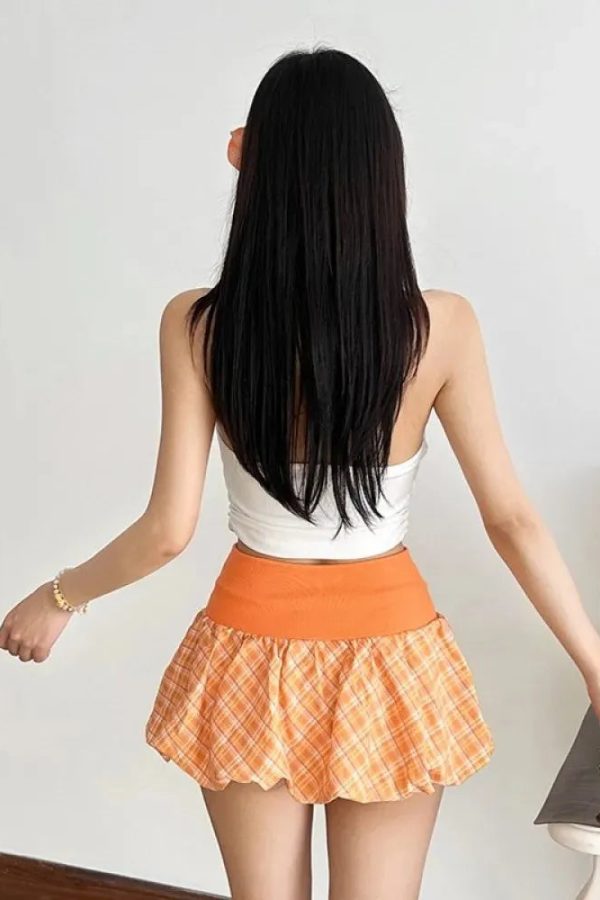 Plaid Drawstring Bubble Mini Skirt