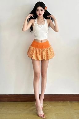 Plaid Drawstring Bubble Mini Skirt