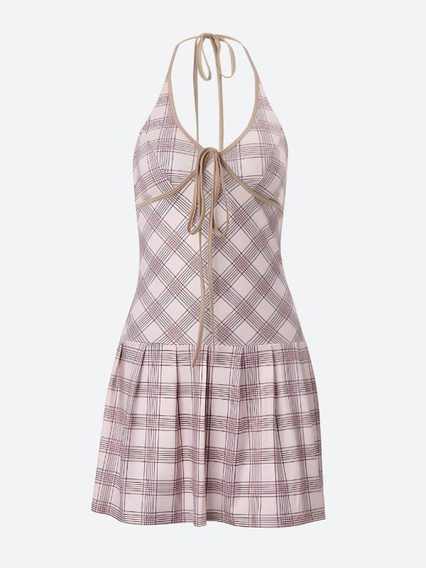 Plaid Halter Neck Pleated Mini Dress