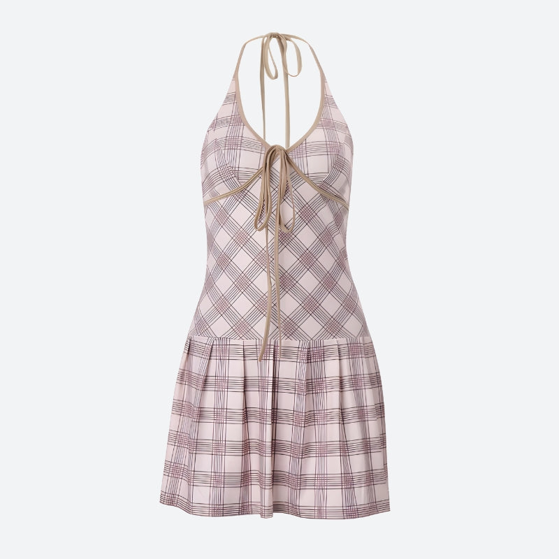 Plaid Halter Neck Pleated Mini Dress Plaid Halter Neck Pleated Mini Dress