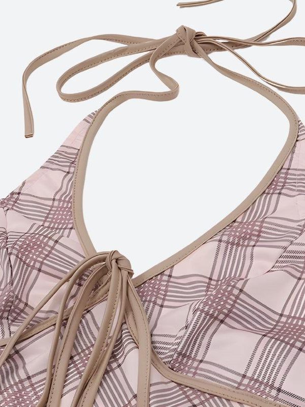 Plaid Halter Neck Pleated Mini Dress