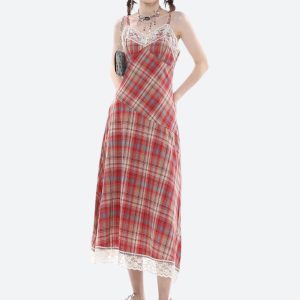 Plaid Lace Midi Dress
