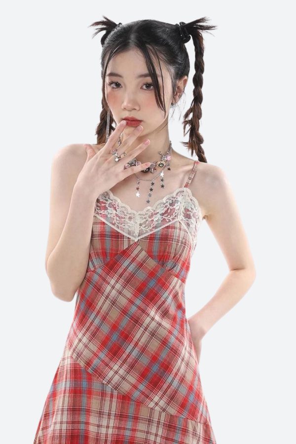 Plaid Lace Midi Dress