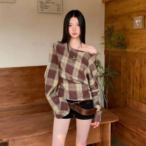 Plaid One Shoulder Top