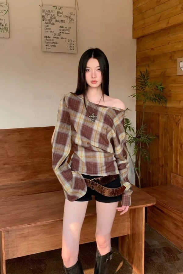 Plaid One Shoulder Top