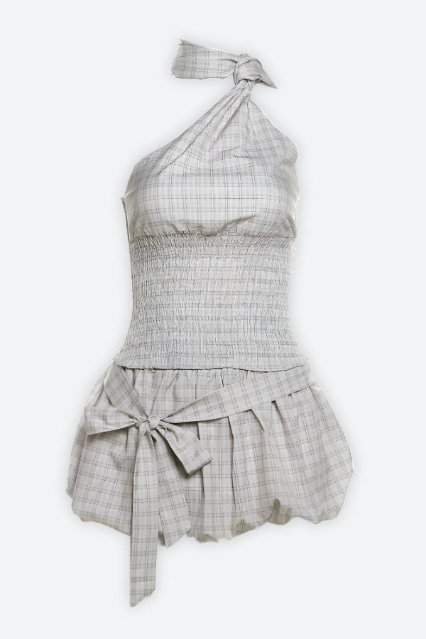 Plaid Ruched Top & Balloon Mini Skirt Two Piece Set