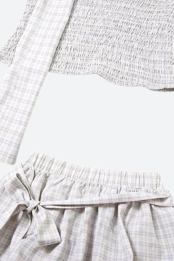 Plaid Ruched Top & Balloon Mini Skirt Two Piece Set