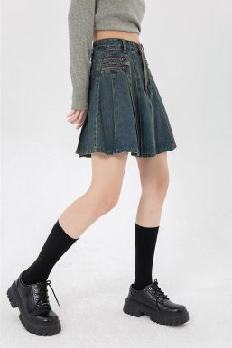 Pleated Denim Mini Skirt