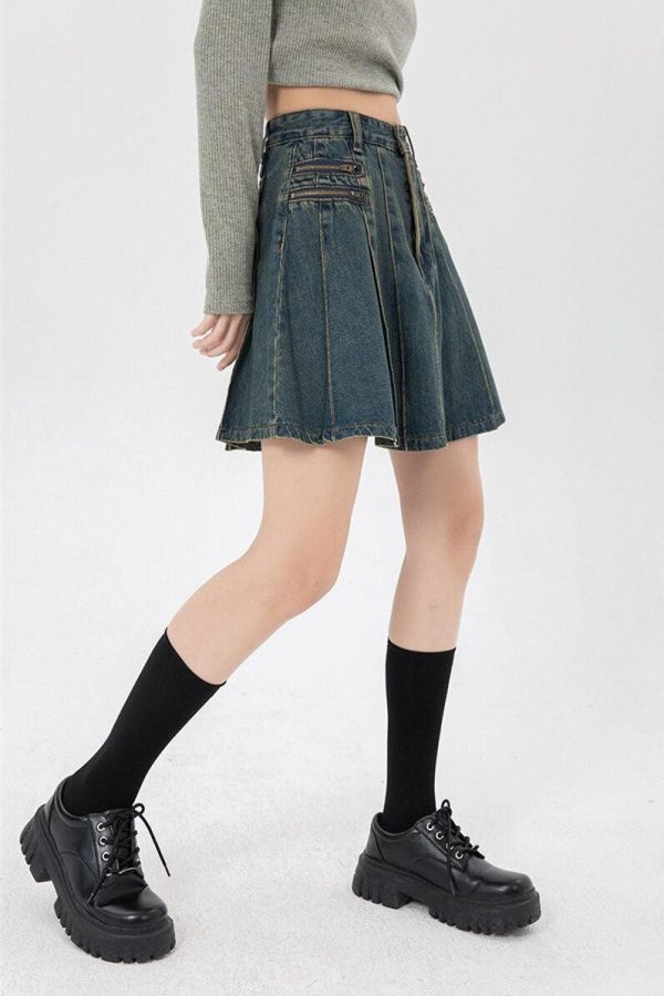 Pleated Denim Mini Skirt